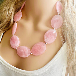 Blush Oval Statement Necklace, Single Strand Chunky Beaded Necklace, Baby Pink Jewelry, Spring Jewelry, pink Necklace, earring jewelry set