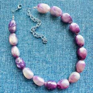 Plums in Cream Shimmer Single Strand Beaded Statement Necklace beaded bridesmaid jewelry set layering glitter resin earrings purple lavender