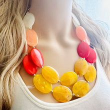 Load image into Gallery viewer, Fall Sunset Statement Necklace, Chunky 2 Strand Jewelry, orange necklace champagne red necklace, red tan cream bib beaded necklace