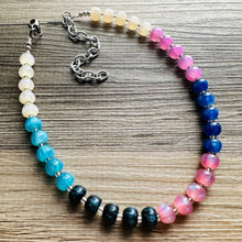 Load image into Gallery viewer, Tropical Shimmer Single Strand Beaded Statement Necklace, turquoise beaded blue bridesmaid jewelry layering glitter pink resin white black