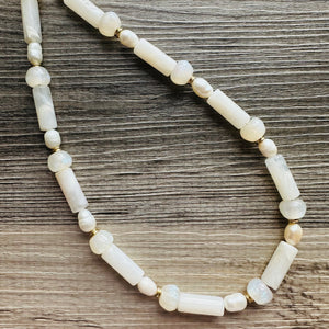 Cream Shimmer Single Strand Beaded Statement Necklace, pearl beaded bridesmaid jewelry layering resin gold off white, eggshell bead thin