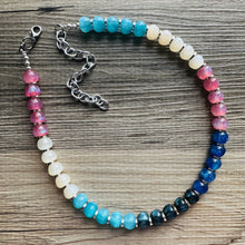 Load image into Gallery viewer, Tropical Sunrise Shimmer Single Strand Beaded Statement Necklace, turquoise beaded blue bridesmaid jewelry layering glitter pink resin white