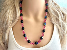 Load image into Gallery viewer, Black &amp; Pink Jewel Statement Necklace, Chunky 1 Strand Jewelry, black necklace, blush long bib beaded necklace thick collar bead metal