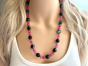 Black & Pink Jewel Statement Necklace, Chunky 1 Strand Jewelry, black necklace, blush long bib beaded necklace thick collar bead metal