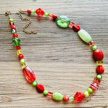 Load image into Gallery viewer, Merry &amp; Bright Long Christmas Necklace, Red Green Gold Holiday Jewelry, Christmas Jewelry, Winter Beaded Gift Christmas Present December