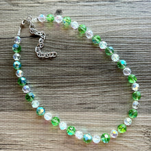 Load image into Gallery viewer, Green &amp; White Sparkle Jewel Statement Necklace, Chunky 1 Strand Jewelry, fall layering bib beaded thin collar rhinestone glass clear