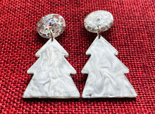 Load image into Gallery viewer, Christmas Drop Earrings, Gray Christmas Tree, Small Holiday Earrings, Holiday Gifts for Her or Christmas Party dangle mosaic earrings silver