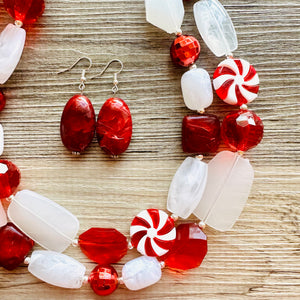 Christmas Candy Cane Necklace, Red & White stripe Holiday Jewelry, Christmas Jewelry, candy Beaded Gift Christmas Present