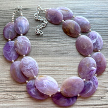 Load image into Gallery viewer, Purple Statement Necklace, Double Strand Chunky Beaded Necklace, purple Jewelry, Spring Jewelry, purple Necklace, swirl brown beaded