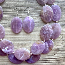 Load image into Gallery viewer, Purple Statement Necklace, Double Strand Chunky Beaded Necklace, purple Jewelry, Spring Jewelry, purple Necklace, swirl brown beaded