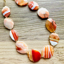 Load image into Gallery viewer, Natural Striped carnelian Beaded 1 strand Statement Necklace, Chunky Bib Single Light orange stone jewelry, gemstone layering red cream gold