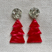 Load image into Gallery viewer, Christmas Drop Earrings, Hot Pink Christmas Tree, Small Holiday Earrings, Holiday Gifts for Her or Christmas Party dangle mosaic silver