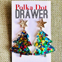 Load image into Gallery viewer, Christmas Drop Earrings, Green Christmas Tree, Small Holiday Earrings, Holiday Gifts for Her or Christmas Party, dangle confetti earrings