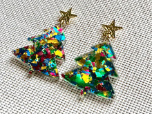 Load image into Gallery viewer, Christmas Drop Earrings, Green Christmas Tree, Small Holiday Earrings, Holiday Gifts for Her or Christmas Party, dangle confetti earrings