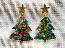 Load image into Gallery viewer, Christmas Drop Earrings, Green Christmas Tree, Small Holiday Earrings, Holiday Gifts for Her or Christmas Party, dangle confetti earrings