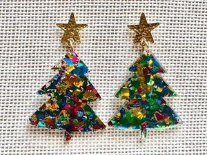 Christmas Drop Earrings, Green Christmas Tree, Small Holiday Earrings, Holiday Gifts for Her or Christmas Party, dangle confetti earrings