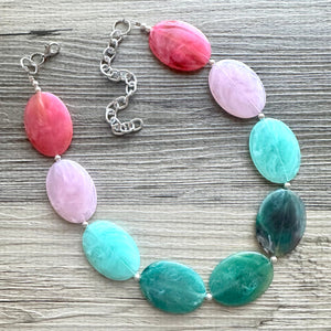 Watermelon Pink & Green Chunky Statement Necklace, Big beaded jewelry, single Strand bib chunky Necklace, pink green earrings