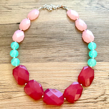 Load image into Gallery viewer, Long Blush Pink Magenta &amp; Mint Big Bead Necklace, Double Strand Statement Jewelry, magenta blush mint green Chunky bib, bridesmaid everyday