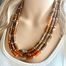 Load image into Gallery viewer, Fall Coffee Statement Necklace, multi strand jewelry, big beaded chunky statement necklace, gold cream brown neutral champagne tan