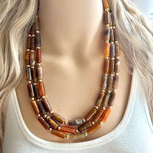 Load image into Gallery viewer, Fall Coffee Statement Necklace, multi strand jewelry, big beaded chunky statement necklace, gold cream brown neutral champagne tan