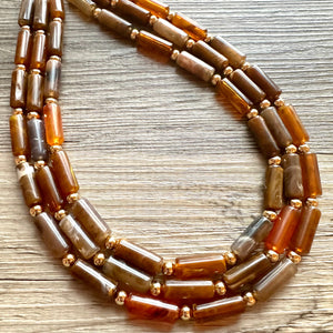 Fall Coffee Statement Necklace, multi strand jewelry, big beaded chunky statement necklace, gold cream brown neutral champagne tan