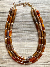 Load image into Gallery viewer, Fall Coffee Statement Necklace, multi strand jewelry, big beaded chunky statement necklace, gold cream brown neutral champagne tan