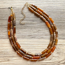 Load image into Gallery viewer, Fall Coffee Statement Necklace, multi strand jewelry, big beaded chunky statement necklace, gold cream brown neutral champagne tan