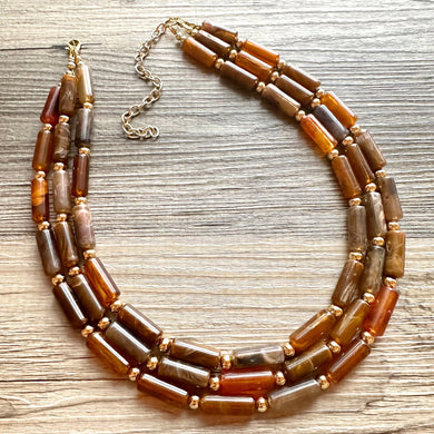 Fall Coffee Statement Necklace, multi strand jewelry, big beaded chunky statement necklace, gold cream brown neutral champagne tan
