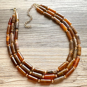 Fall Coffee Statement Necklace, multi strand jewelry, big beaded chunky statement necklace, gold cream brown neutral champagne tan