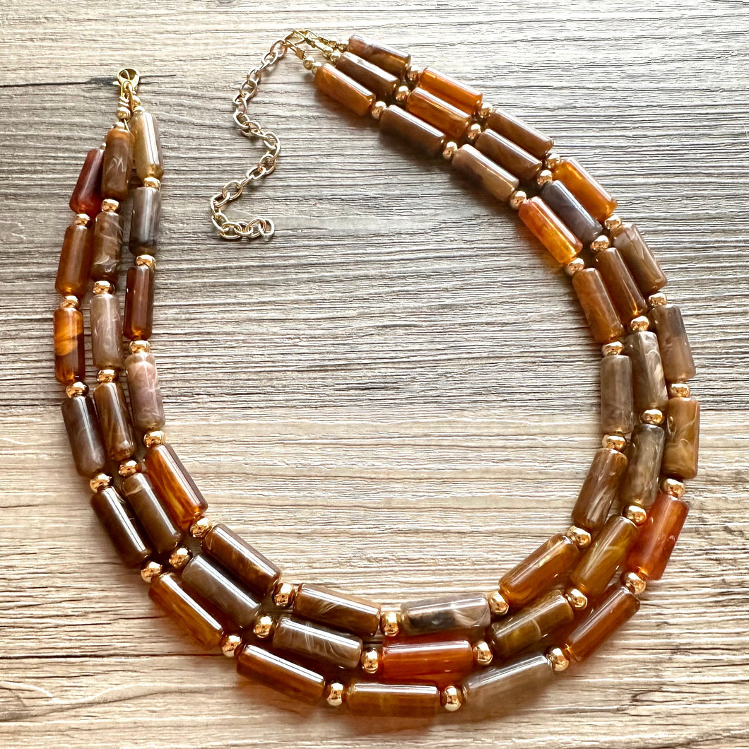 Fall Coffee Statement Necklace, multi strand jewelry, big beaded chunky statement necklace, gold cream brown neutral champagne tan