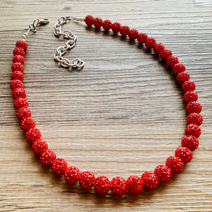 Royal Red Necklace, Red Holiday Jewelry, bright red Jewelry Beaded Christmas Present silver ornament 1 strand rhinestone glass clay necklace