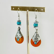 Load image into Gallery viewer, Vintage Dark Orange Drop earrings, silver geometric earrings pierced dangle drop Statement, bridesmaid wedding gift marigold turquoise