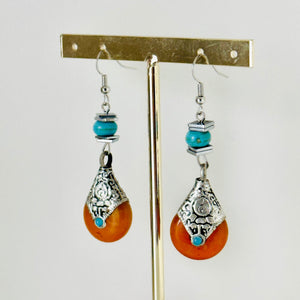 Vintage Dark Orange Drop earrings, silver geometric earrings pierced dangle drop Statement, bridesmaid wedding gift marigold turquoise