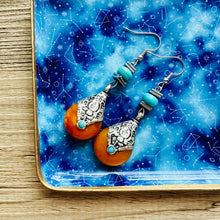 Load image into Gallery viewer, Vintage Dark Orange Drop earrings, silver geometric earrings pierced dangle drop Statement, bridesmaid wedding gift marigold turquoise
