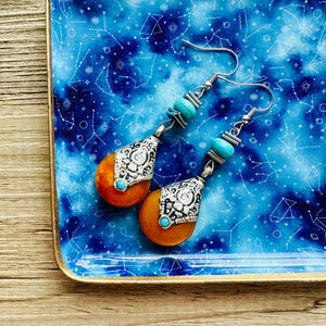 Vintage Dark Orange Drop earrings, silver geometric earrings pierced dangle drop Statement, bridesmaid wedding gift marigold turquoise