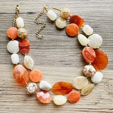 Load image into Gallery viewer, Natural carnelian Beaded 2 strand Statement Necklace, Chunky Bib double Jewelry Light orange stone jewelry, gemstone layering red cream gold