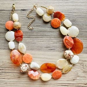 Natural carnelian Beaded 2 strand Statement Necklace, Chunky Bib double Jewelry Light orange stone jewelry, gemstone layering red cream gold