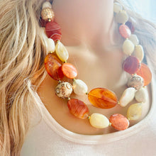 Load image into Gallery viewer, Natural carnelian Beaded 2 strand Statement Necklace, Chunky Bib double Jewelry Light orange stone jewelry, gemstone layering red cream gold