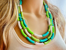 Load image into Gallery viewer, Green Gleam Big Beaded Necklace, chunky emerald necklace white vacation geometric triple 3 strand OOAK lime grass Kelly