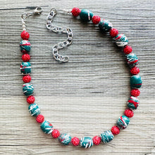 Load image into Gallery viewer, Christmas Painted Necklace, Chunky Single Strand of rhinestone beads, red and green necklace, christmas jewelry, chunky beaded