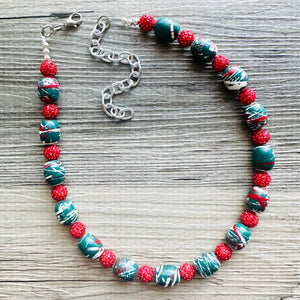 Christmas Painted Necklace, Chunky Single Strand of rhinestone beads, red and green necklace, christmas jewelry, chunky beaded