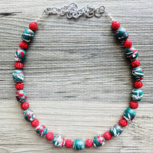 Load image into Gallery viewer, Christmas Painted Necklace, Chunky Single Strand of rhinestone beads, red and green necklace, christmas jewelry, chunky beaded