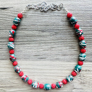 Christmas Painted Necklace, Chunky Single Strand of rhinestone beads, red and green necklace, christmas jewelry, chunky beaded