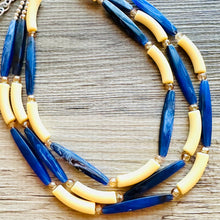 Load image into Gallery viewer, Blueberry Lemonade 3 Strand Necklace, navy blue jewelry, chunky geometric yellow beaded statement cream champagne