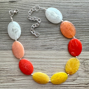 Fall Statement Necklace, Orange White Yellow, single Strand Statement colors, ombre necklace, autumn earrings red marigold