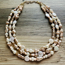 Load image into Gallery viewer, Victorian Vintage Pearl Statement Necklace, chunky beaded jewelry, chunky tan champagne necklace, block beaded necklace, lace white cream