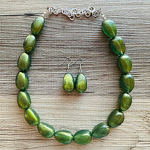 Load image into Gallery viewer, Olive Green Shimmer Single Strand Beaded Statement Necklace, beaded bridesmaid jewelry set layering glitter resin earrings