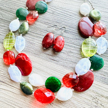 Load image into Gallery viewer, Christmas Necklace, Red Green Holiday Jewelry, Christmas Jewelry, Gold Jewelry, Beaded Gift winter stocking stuffer dressy dress Present