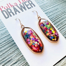 Load image into Gallery viewer, Rainbow Confetti in Resin drop Earrings, Gold drop Earrings, shiny jewelry earrings metal geometric sparkle pride glitter holiday