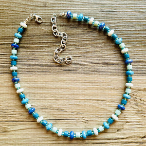 Blue Ombré Porcelain Block Layering Rainbow Beaded 1 Strand Necklace, Colorful Jewelry, Chunky statement jelly bean confetti bubble aqua